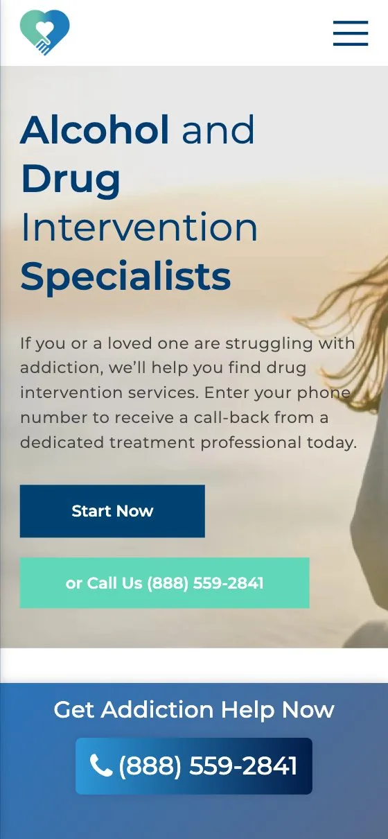 Addiction Intervention website shown on a phone
